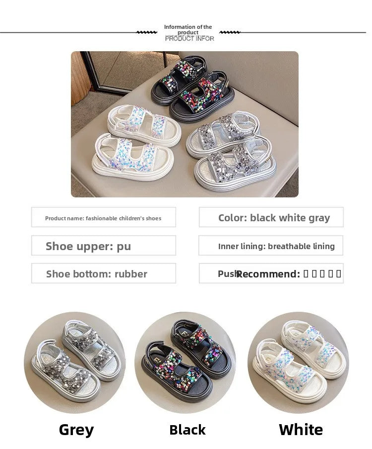 Summer Children's Sandals Sequins Thick Soled Girls Causal Princess Open-toe Sandals Fashion Non-slip Kids Beach Shoes Versatile