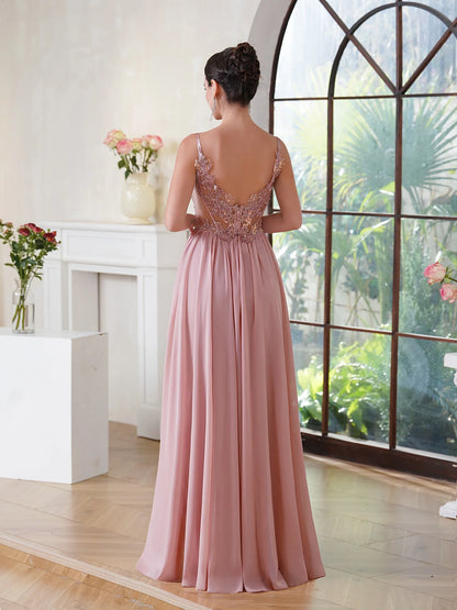 Dusty Pink Sheer Evening Dresses Lace Applique Spaghetti Straps V-Neck Backless Prom Dress Chiffon A-Line 2025 Formal Party Gown