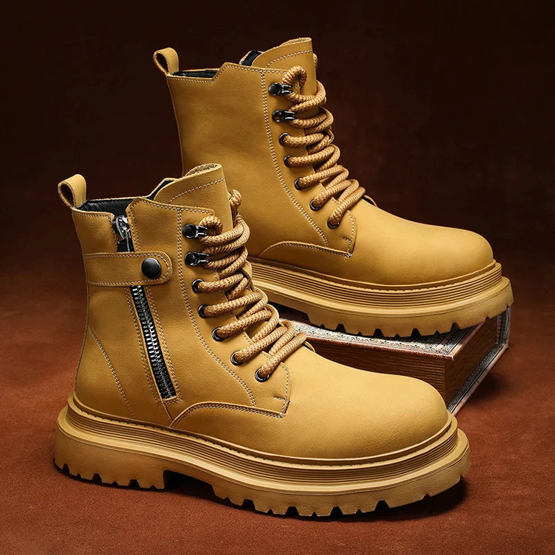 Men's Boots 2024 Autumn Thick Soled Zipper Lace-up Korean Belt Buckle Height Increasing Comfort High Top British Sports Boots