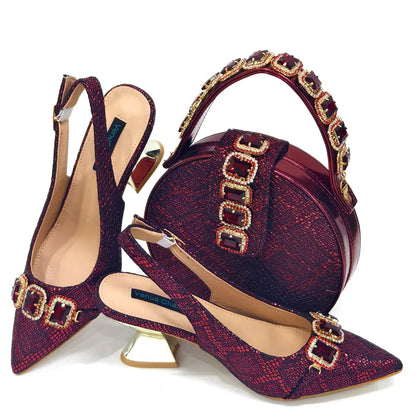 Rhinestone Pointed-Toe High Heels Shoes and Bags Set for Women Wedding and Party Elegant Luxury Fashion in Wine Color