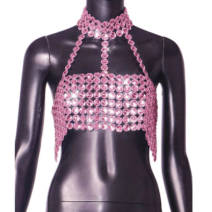 Silver Halter Tank Top Glitter Diamonds Bustier Tops Gorgeous Backless Metal Sequin Crop Top Club Vest Festival Outfits