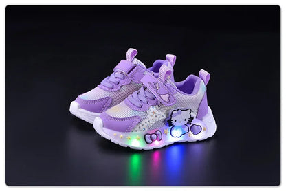 Kids'Casual Shoes Girls Led Light Cartoon PU Leather Fashion Sport Flat Bottom Shoes Breathable White Pink Size 21-30