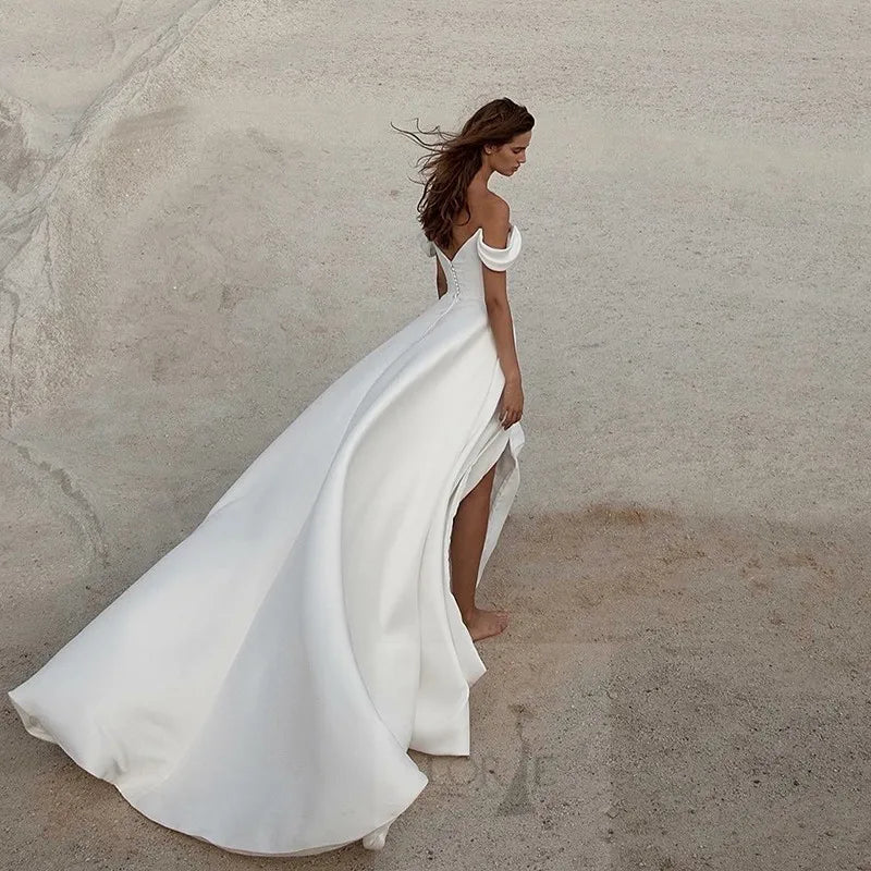 Soft Satin A Line Wedding Dresses Sleeveless Off The Shoulder Bridal Gowns Long Train Wedding Party Gowns Customized