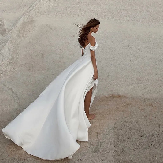 Soft Satin A Line Wedding Dresses Sleeveless Off The Shoulder Bridal Gowns Long Train Wedding Party Gowns Customized