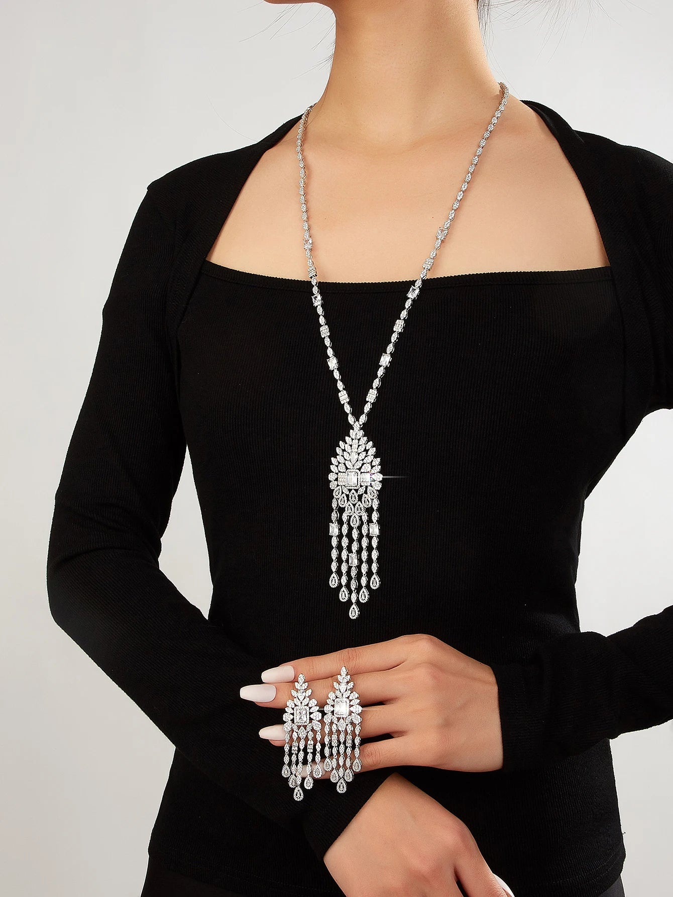 Long Sweater Chain Tassel Necklace Earring Set for Women Luxury Cubic Zirconia Bridal Jewelry Set Wedding Accessorie