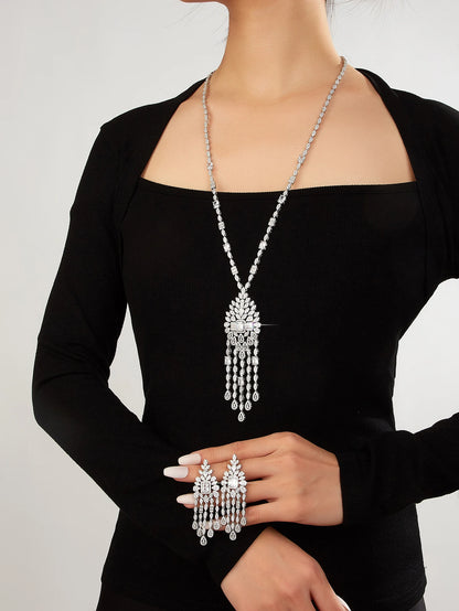 Long Sweater Chain Tassel Necklace Earring Set for Women Luxury Cubic Zirconia Bridal Jewelry Set Wedding Accessorie