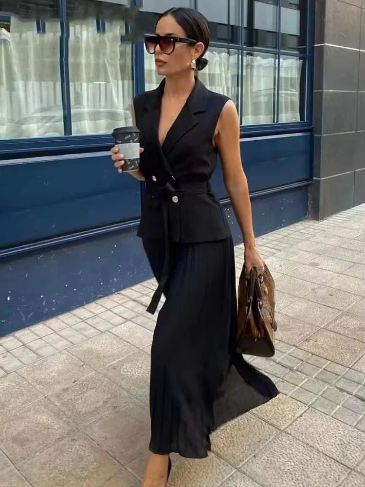 Dress Women Pleated Vests Long Dresses for Women 2024 Sleeveless Office Party Dress Ruched Midi Evening Dresses