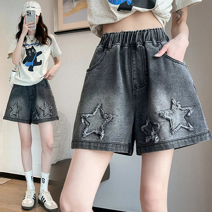 L-6XL Plus Size Denim Shorts For Women Summer 2025 High Waist Black Loose Wide Leg Short Jeans Women Star Large Size Short Jeans