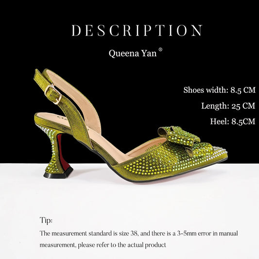 Newest Full of Rhinestone Design Olive Color Lady Sheos and Metal Bead-Embellished Handbag Set for Parrt Wedding