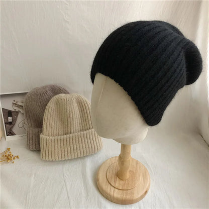 Winter Dome Brimless Casual Hat Warm Rabbit Fur Knit Hat women's double-layer Thick Wool Hat Casual Hat Toe Cap Cold Hat 4m868