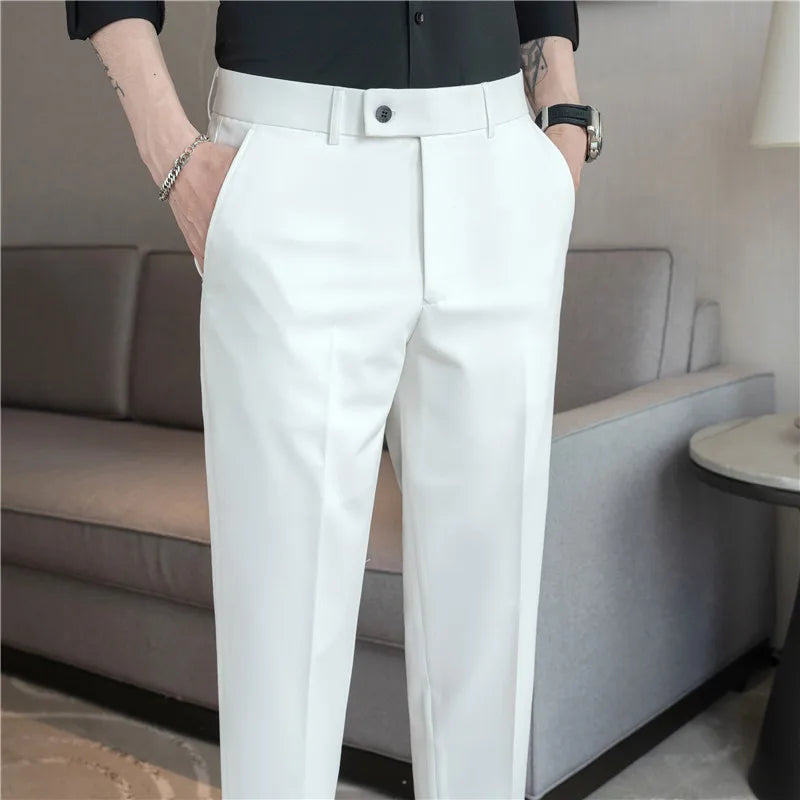 Stretch Solid Color Men's Trousers, Suitable for Business Casual, Parties, Formal Events, and Ankle-length Slim Pants.28-40