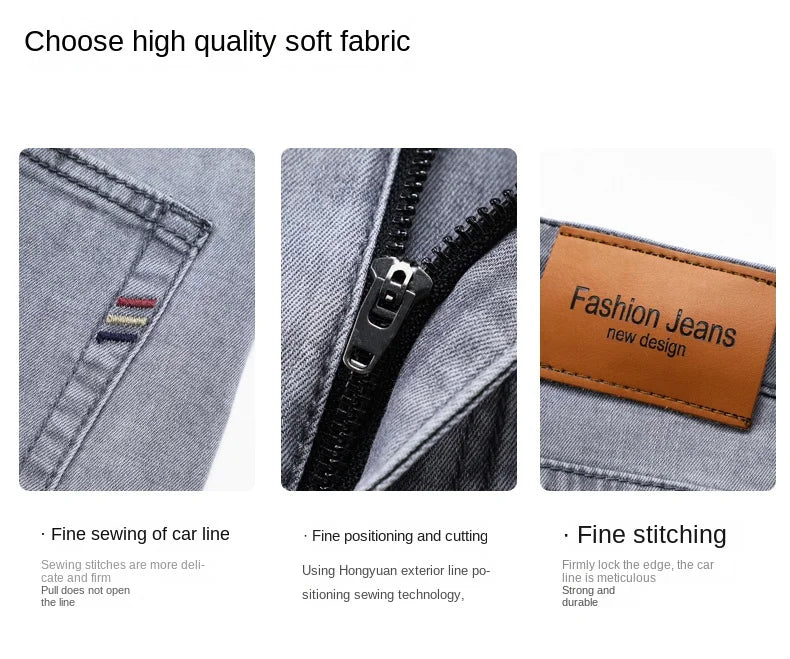 2026 Brand Thin or Thick Material Straight Cotton Stretch Denim Men's  Business Casual High Waist Light Grey Blue Jeans
