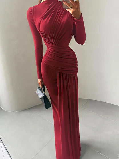 Maxi Dress Women o-Neck Full Sleeve Solid Banquet Elegant Vacation Fashion Autumn Skinny Casual Simple Vestido
