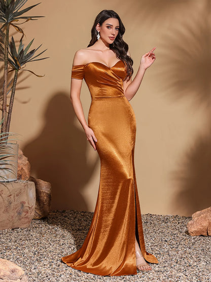 Off-the-shoulder high slit, floor-length back, satin hip-hugging party dress