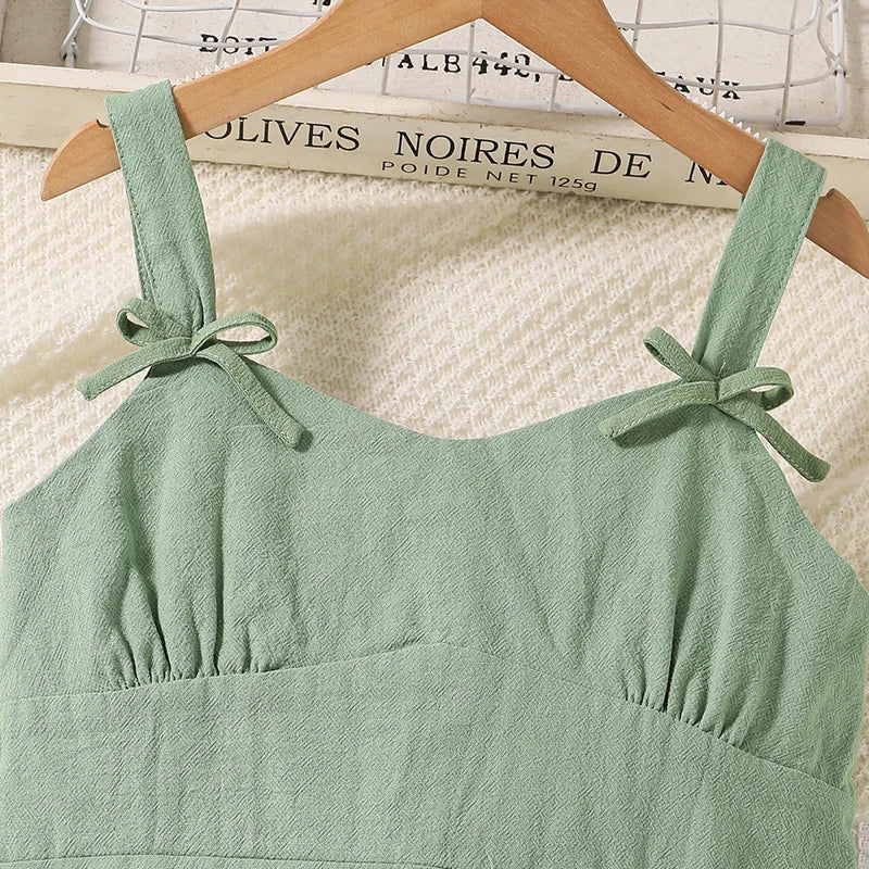 Summer Girl's Dress 8-12 Years Old Cute Bow-Embellished Slip Panel Uneven Hem Sweet Elegant Ladylike Fashion for Kids