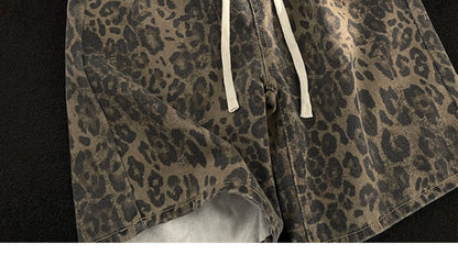 Men Leopard Denim Shorts Summer Thin American High Street Drawstring Casual Pants Loose Popular Versatile Handsome Trousers