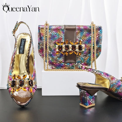 Nigerian Style Rhinestone Embellished Three-Dimensional Bag And Good Material Peep Toe Pumps Elegant Clutch Bag Women Shoes