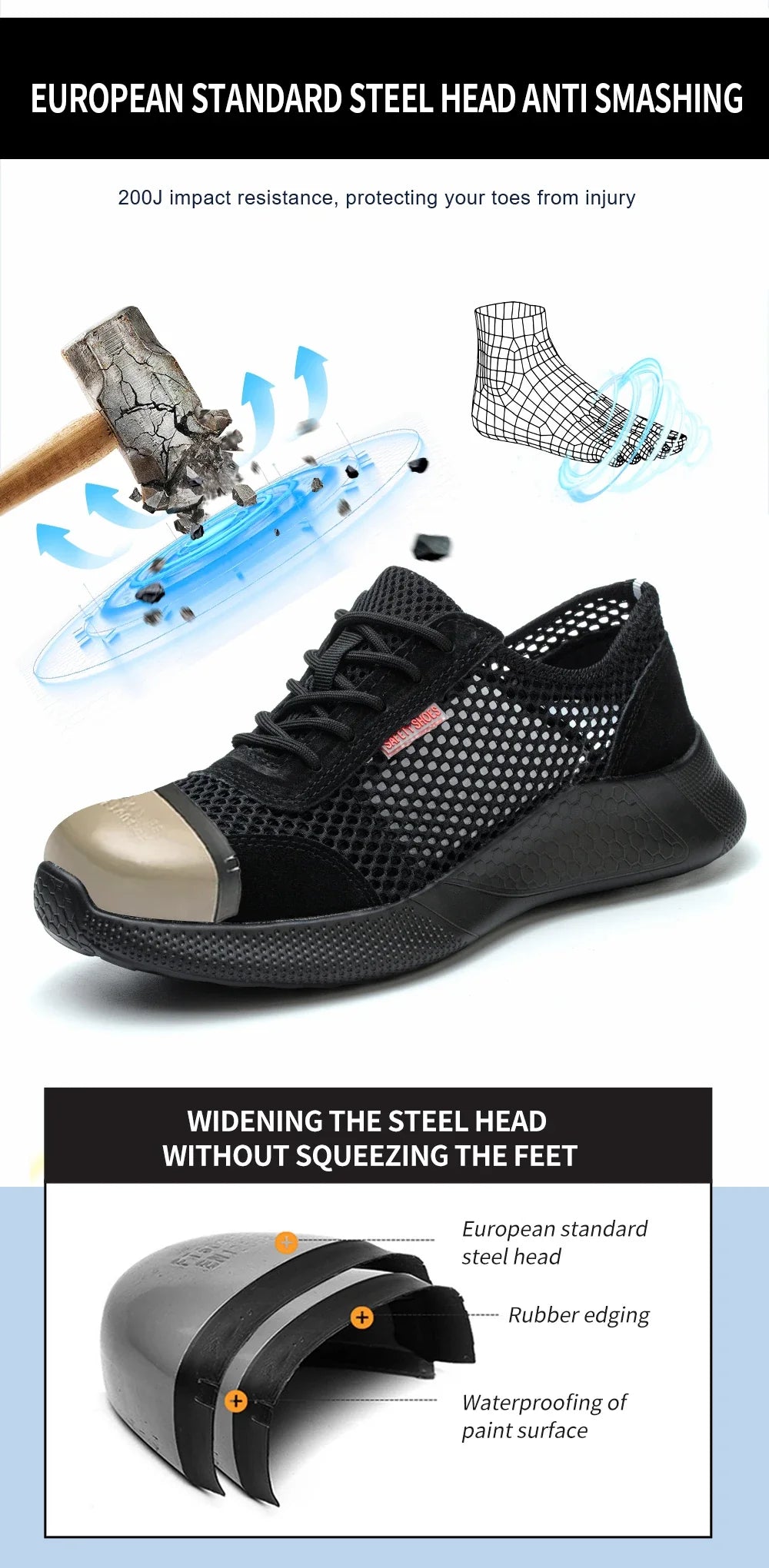 Men's Summer Steel Toe Safety Shoes Anti-Crush And Piercing Breathable Lightweight Outdoor Pure Black Work Shoes