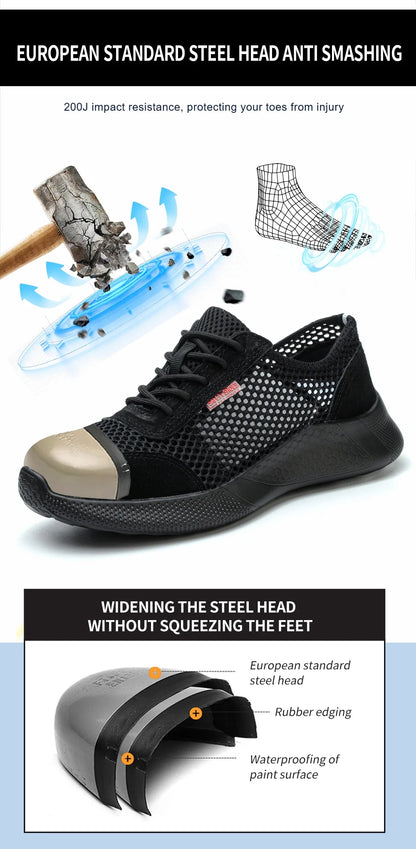 Men's Summer Steel Toe Safety Shoes Anti-Crush And Piercing Breathable Lightweight Outdoor Pure Black Work Shoes
