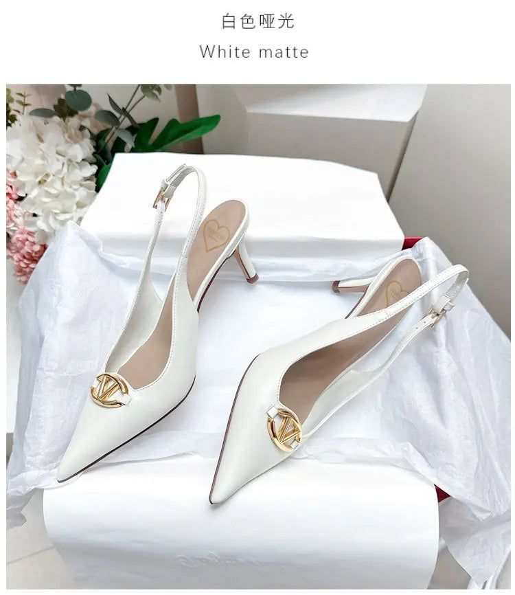 Thin heeled Baotou sandals for women's summer 2026 new style, pointed back strap, metal buckle, versatile high-heeled sandals