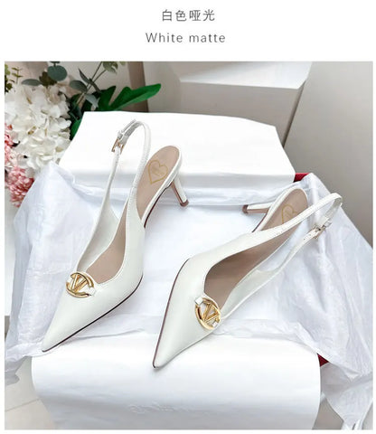 Thin heeled Baotou sandals for women's summer 2026 new style, pointed back strap, metal buckle, versatile high-heeled sandals