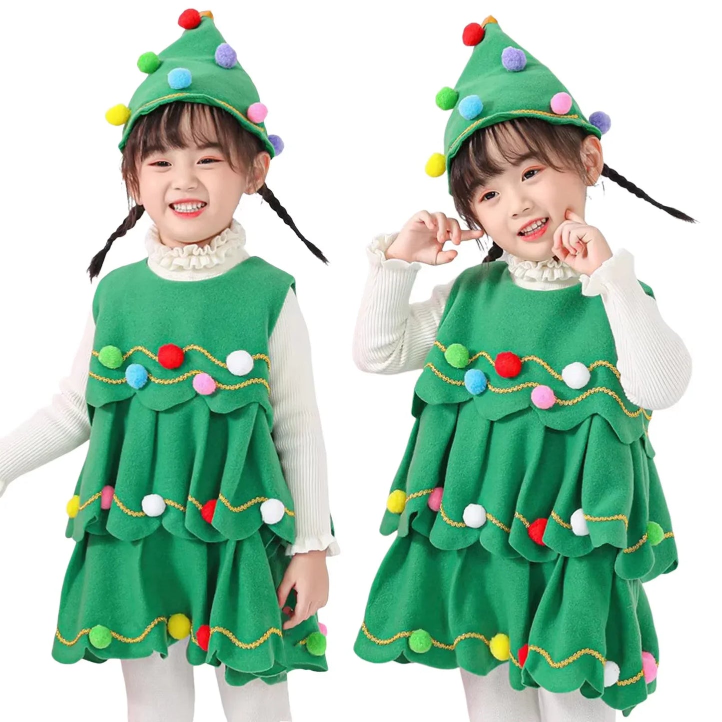 2024-2025 Girl Chritmas Tree Cosplay Costume 2 Pieces Set Dress+Hat Adorable Xmas Party Clothing Toddler St.Nicholas Day Apparel