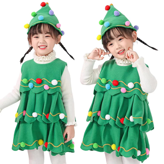 2024-2025 Girl Chritmas Tree Cosplay Costume 2 Pieces Set Dress+Hat Adorable Xmas Party Clothing Toddler St.Nicholas Day Apparel