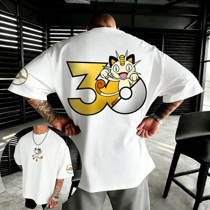 30th Anniversary Meowth Printed T-shirt Summer New Men's and Women's Loose Casual Hip Hop Trendy Short Sleeve Top