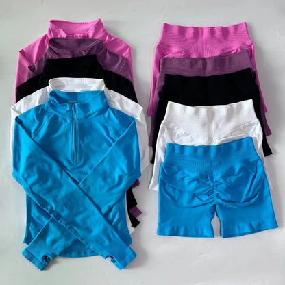 Long Sleeve Yoga Set for Women, High Waist Running Shorts &  Top Workout Outfit, Seamless Gym Clothes 2 Piece Set, Fitness Loung