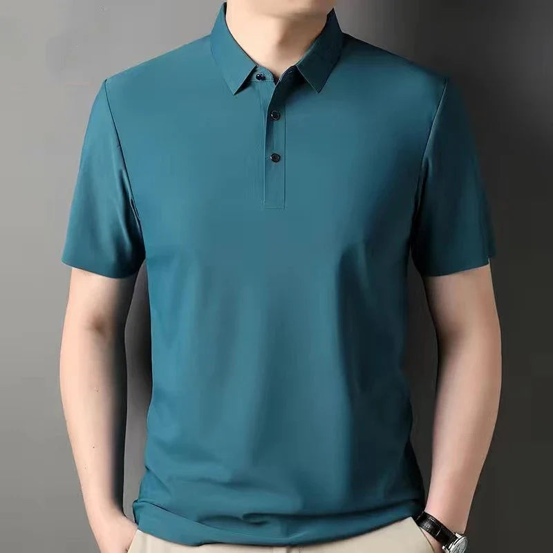 High quality wrinkle resistant ice silk short sleeve t-shirt men's summer Lapel loose casual solid color top high-end polo men