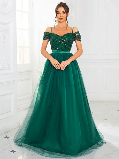 A Line Prom Evening Gown Off the Shoulder Backless Lace Up Sequin Patchwork Mesh Skirt Maxi Dresses for Women