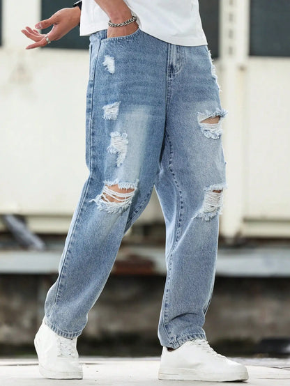 Men's Blue Ripped Denim Harem Pants for Spring and Autumn. Street Fashion. Casual Trend 。