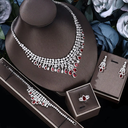 2026 Zircon Super Deluxe Tassel Water Drop Big Wedding Bridal Necklace Earrings 4 Pieces Nigerian Dubai Women's Jewelry Set