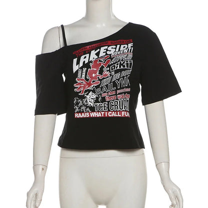 Tee Y2k Letter Print Off Shoulder Punk T-shirts Women Harajuku Summer Streetwear Grunge T Shirt Aesthetic Sexy Crop Tops