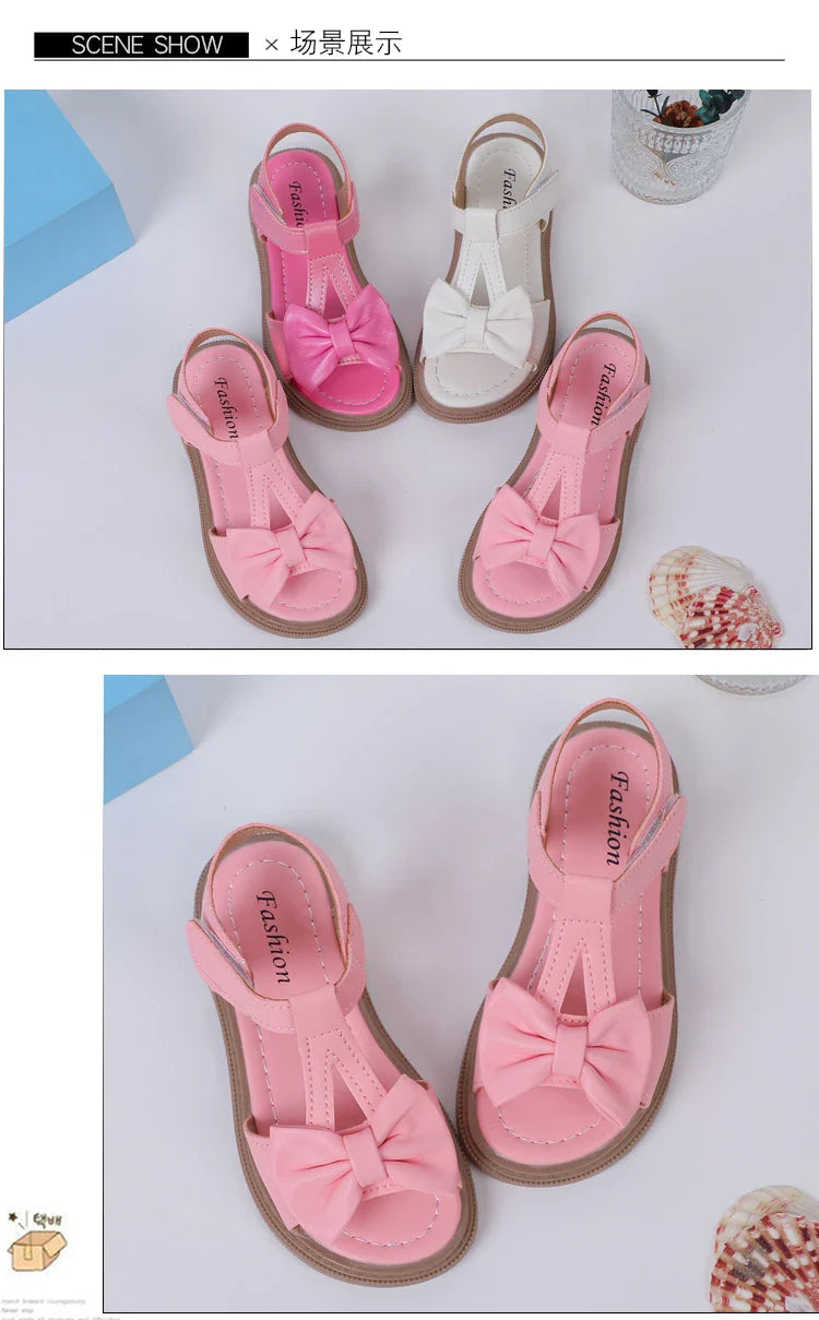 Kids Fashion Girls Sandals New Bow Versatile Open-toe Breathable Simple Platform Casual Shoes Hook Loop Princess Shoes
