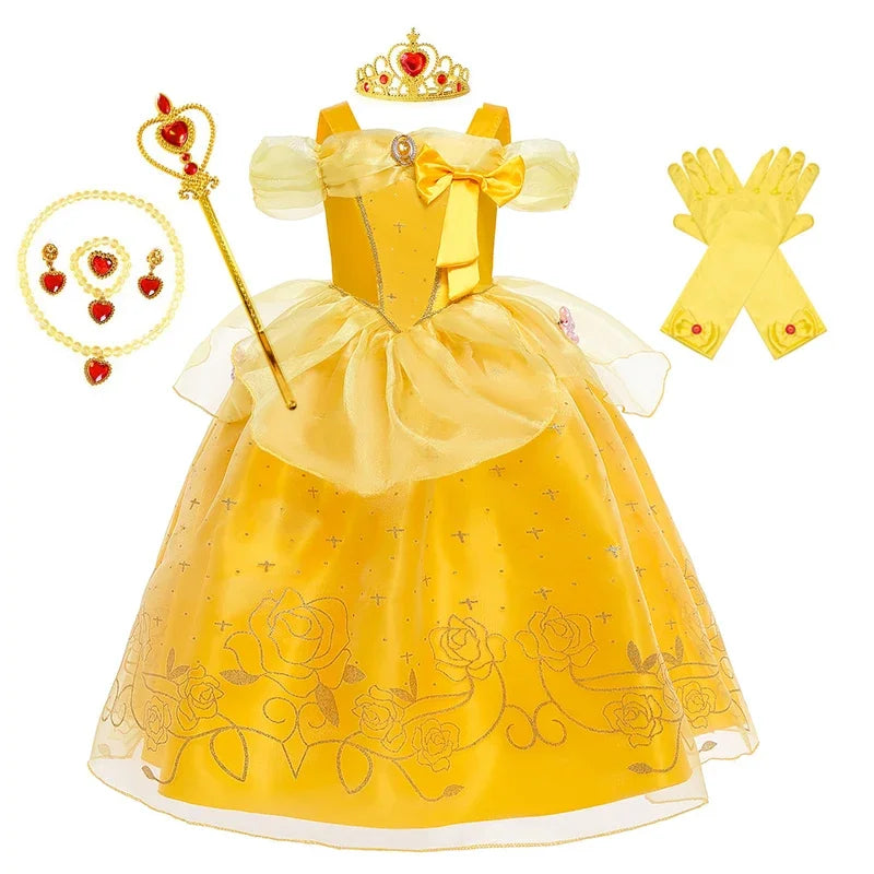 Disney Aniversário Festa Bela Fantasia Infantil Amarelo Malha Vestido de Baile Criança Cosplay Vestido de Festa Luxo para Menina Princesa Bela Noite