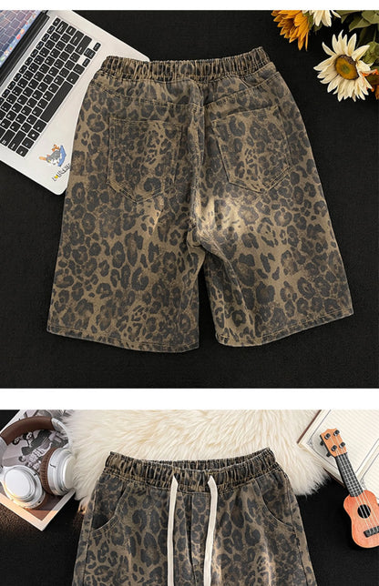 Men Leopard Denim Shorts Summer Thin American High Street Drawstring Casual Pants Loose Popular Versatile Handsome Trousers