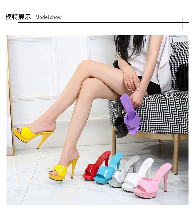 Slippers Women Summer 2022 New Black High Heels 13 CM  Color Club Sexy High Platform Thin  Party Girl Show Sandals  Size 34-43