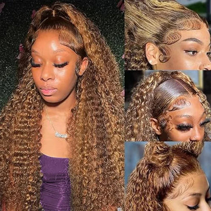 4/27 Curly Highlight Wig Human Hair Preplucked 360 Full Lace Front Wig HD Human Hair Ready to Wear Deep Wave Human Wig for Women