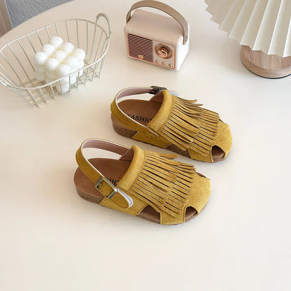 2025 Summer New Girls' Sandals Korean Style Tassel Princess Shoes Frosted Leather Hollow Sandals Comfortable 23-31