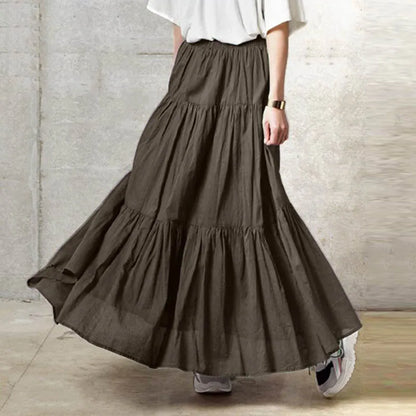 2025 Spring Summer Solid Skirts Vintage Women's Ruffle Sundress Casual Elastic Waist Long Vestidos Female Robe Femme Oversized