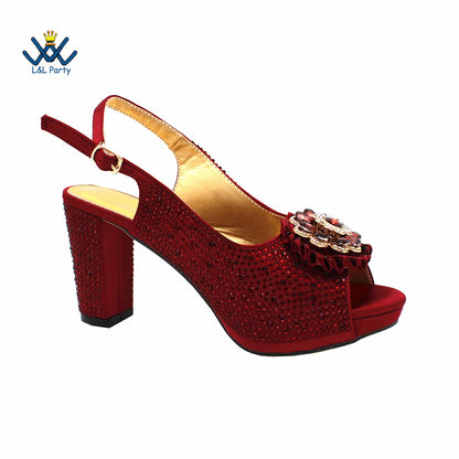 Special Design Women Crystal Style African Ladies Party Shoes Matching Bag in Magenta Color