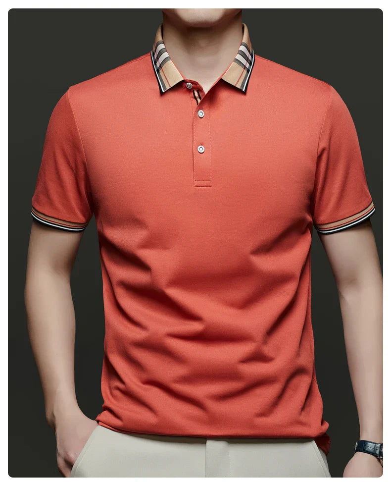 Fashion brand luxury short sleeve polo shirt men summer quality silky cotton breathable business casual striped collar T-shirt