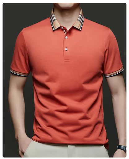 Fashion brand luxury short sleeve polo shirt men summer quality silky cotton breathable business casual striped collar T-shirt