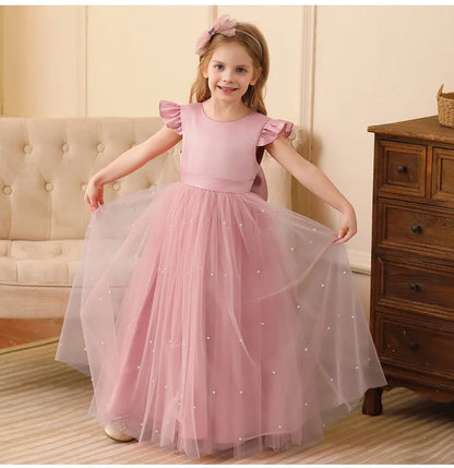 Summer Girl Flower Birthday Tulle Dress Backless Bow Wedding Gown Piano Kids Party Wear Princess Dress Baby Girl Bowknot Dresses