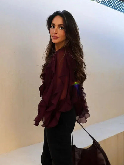 2025 Ruffle Blouses for Women Semi Sheer Shirts and Blouses Woman Summer Casual Blouses Woman Fashion Tops Womens Blouses