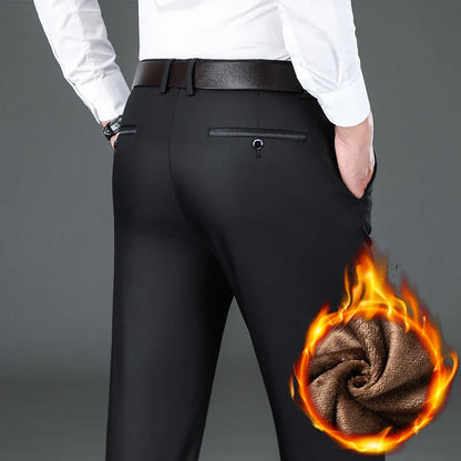 Winter New Flannel Thick Men's Casual Pants Fleece Navy Black Business Straight Slim Stretch Warm Plush Trousers Male