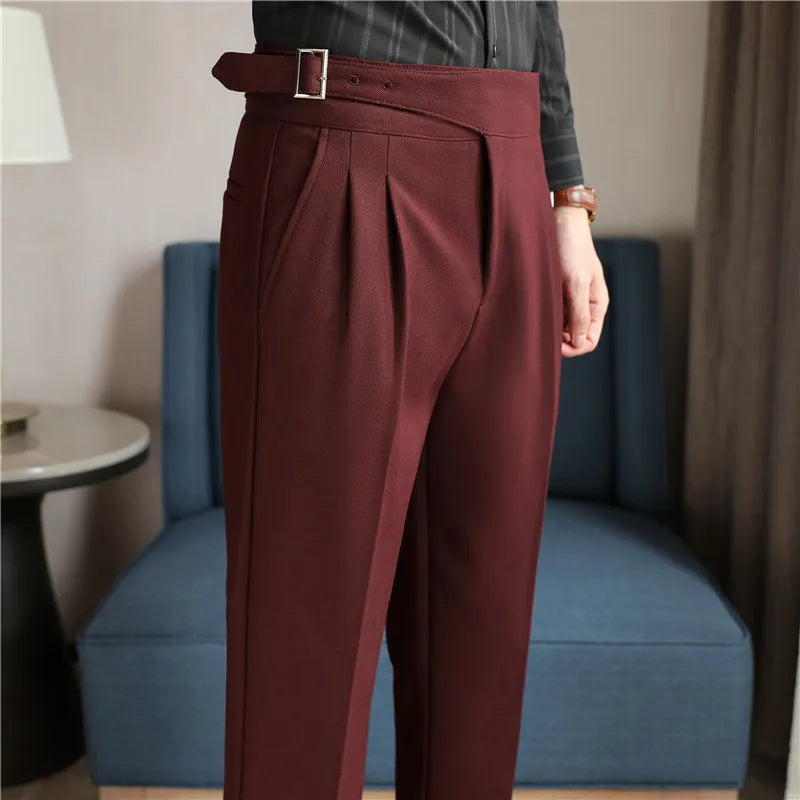 Luxury Men's Slim High-Rise Dress Pants - Heavyweight Subtle Stripe with 3D Pleats & Naples Tailoring