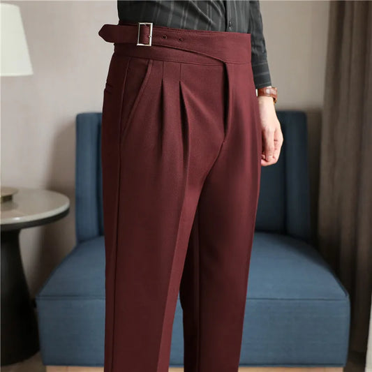 Luxury Men's Slim High-Rise Dress Pants - Heavyweight Subtle Stripe with 3D Pleats & Naples Tailoring