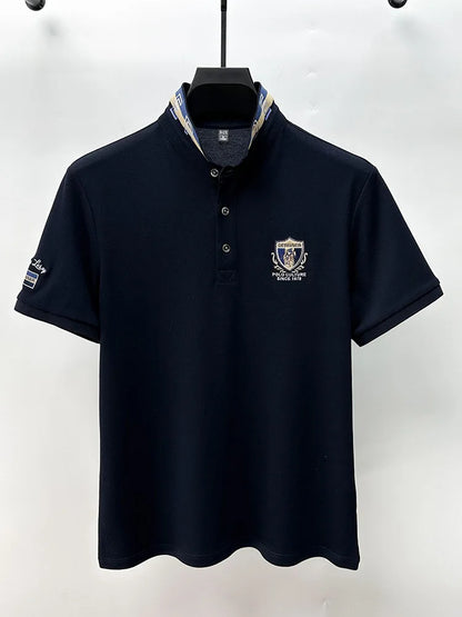 High end luxury silk cotton short sleeve POLO shirt men's summer fashion brand embroidered T-shirt cool wrinkle resistant top